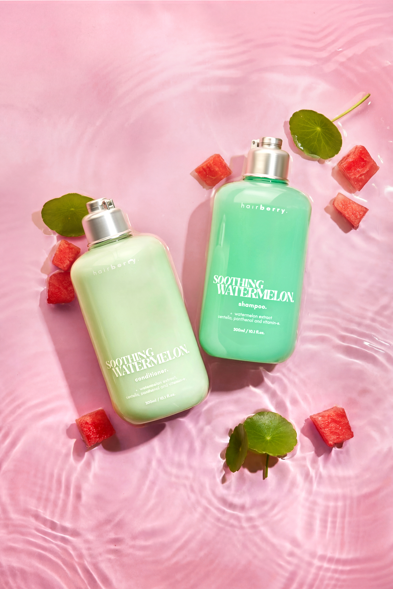 Hairberry products with watermelon cubes and centella leaves